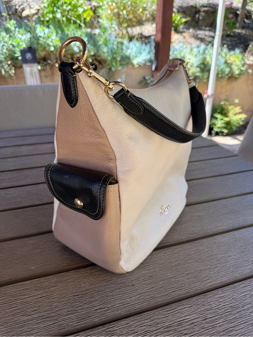 Coach Pebbled Leather Shoulder Bag in White, Black and Tan - Picture 4 of 16